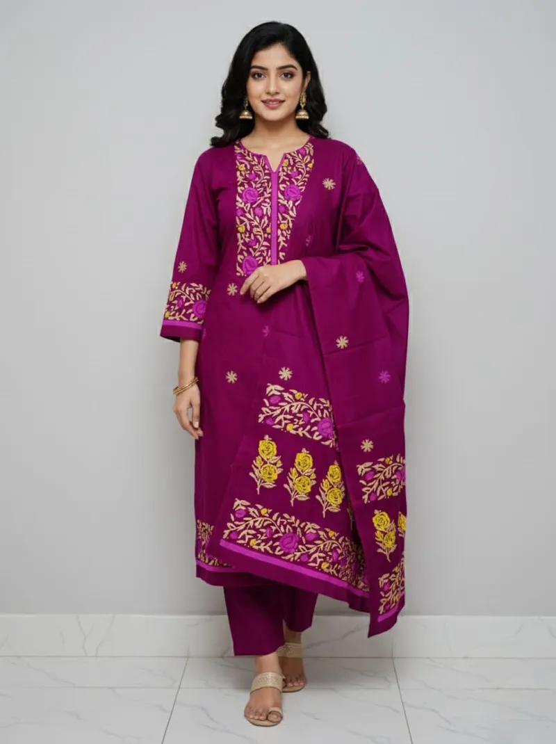 Unstitched Block Print Three Piece in Cotton Voile, 6 Colours