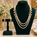 Premium Three-Layer Cotton Pearl, Kundan & Sitahar Necklace Set with Ear Chains
