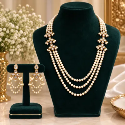 Premium Three-Layer Cotton Pearl, Kundan & Sitahar Necklace Set with Ear Chains