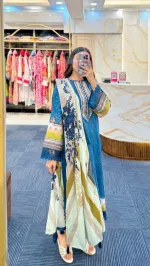 Women's Lace Trim Digital Print Kameez, Pant and Orna Set