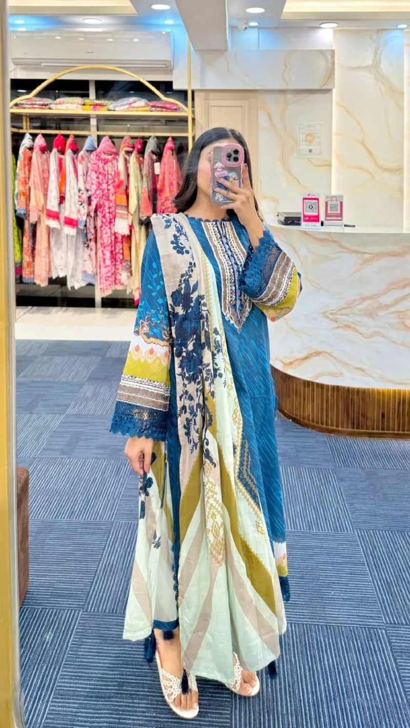 Women's Lace Trim Digital Print Kameez, Pant and Orna Set