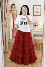 Pure Cotton T-Shirt and Soft Net Skirt Set, 200 Inch Flare