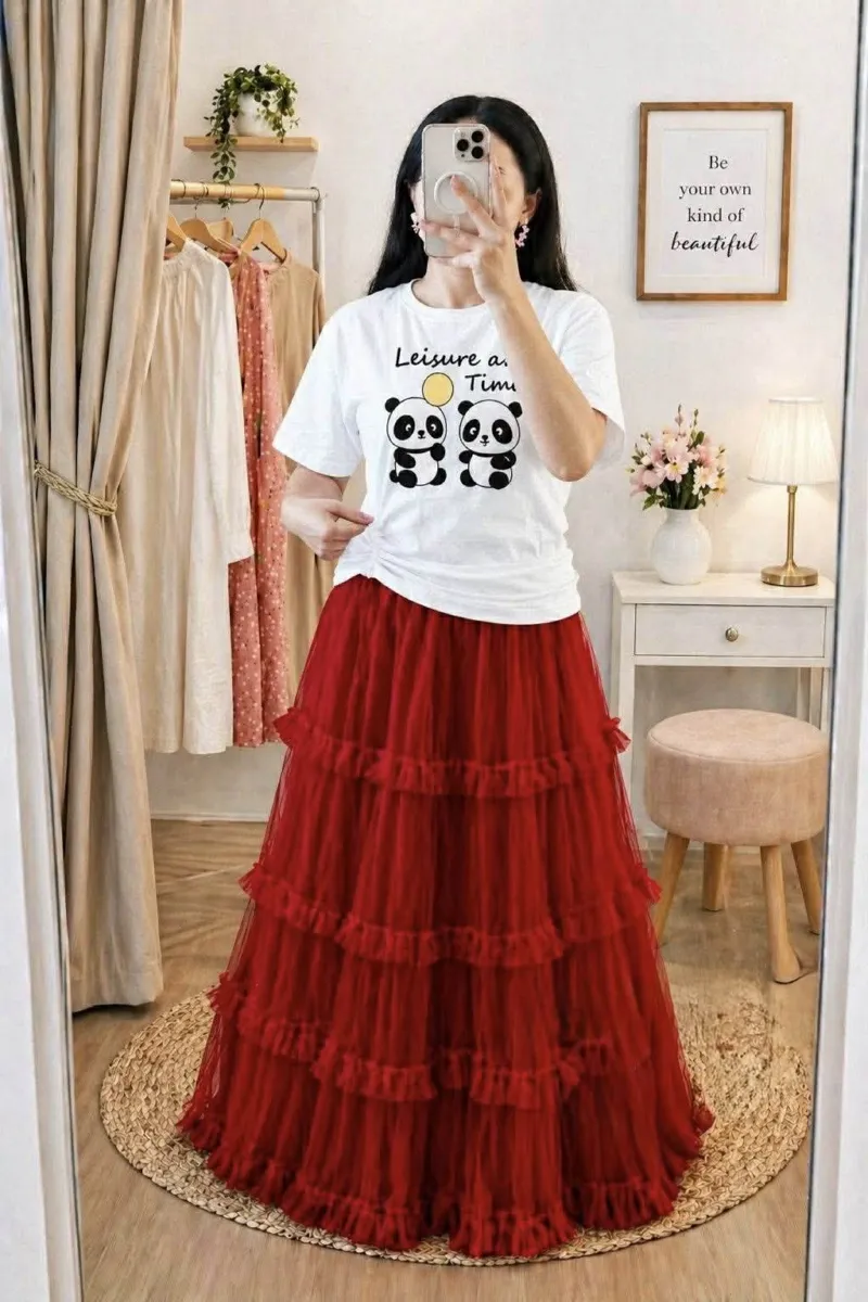 Pure Cotton T-Shirt and Soft Net Skirt Set, 200 Inch Flare