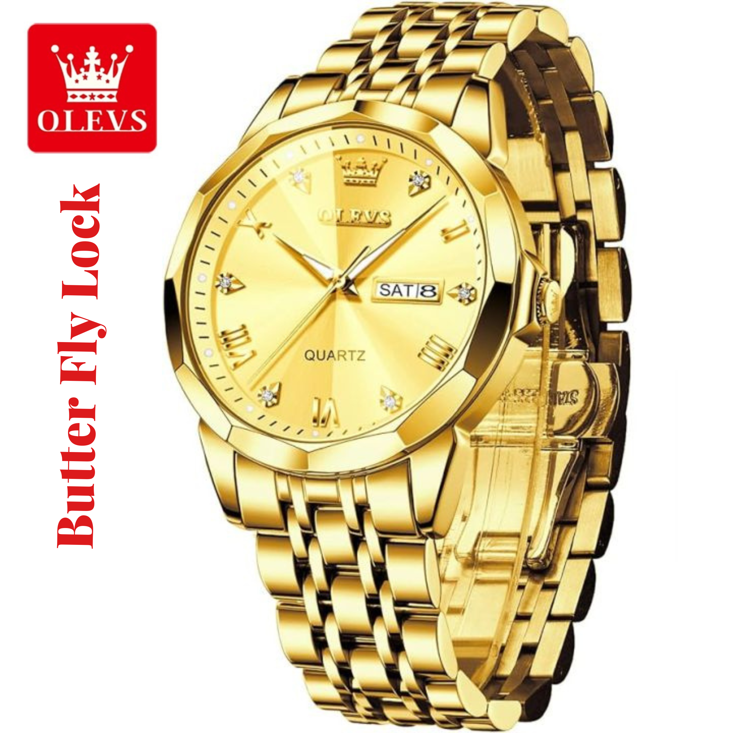 Butter Fly Lock OLEVS 9931G New Exclusive Design Quartz Watch for Men Golden