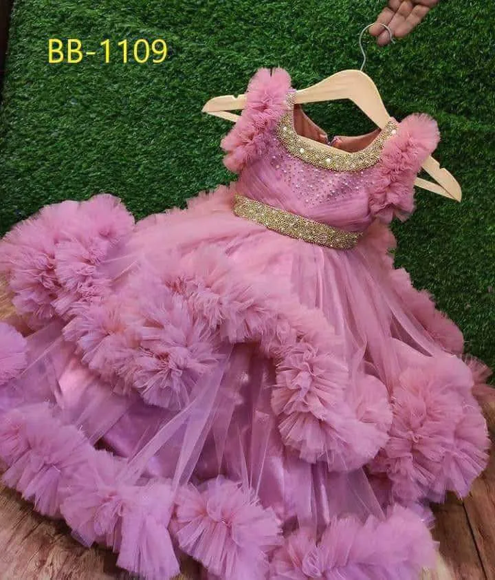 Girls' Bead Work Party Frock in AC Net, Sizes 28 to 38