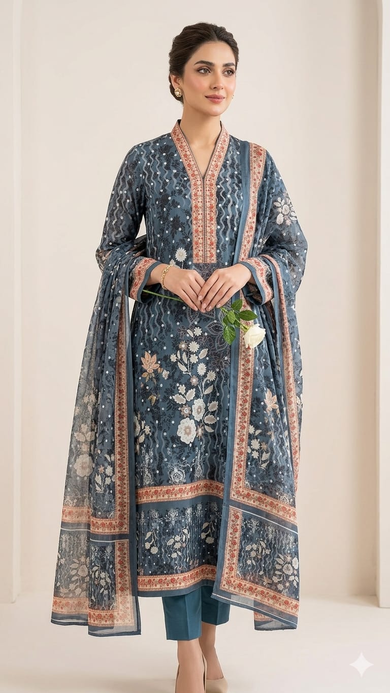Pure Cotton Unstitched Three Piece, 48 Inch Kameez, 2 Colours