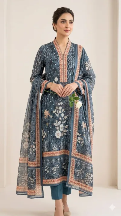 Pure Cotton Unstitched Three Piece, 48 Inch Kameez, 2 Colours