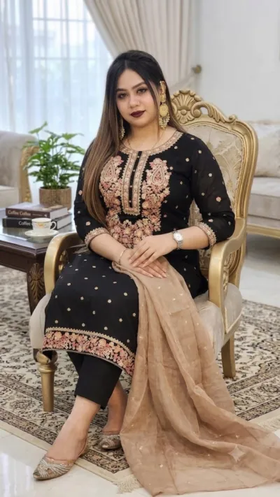 Women's Cotton Three Piece with Embroidery and Sequins, S to XXL