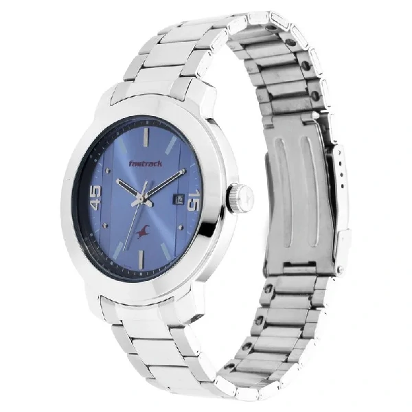 Fastrack NS3246SM03 Bare Basics Quartz Analog with Date Blue Dial Stainless Steel Strap Watch