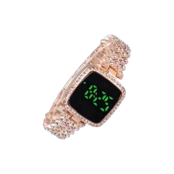 New Trend Fashion Steel Chain Diamond Women Watch Full Diamond Touch Screen LED Water Diamond Bracelet Watch (Rose)