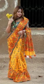 Screen Printed Half Silk Saree for Women, Saree Only