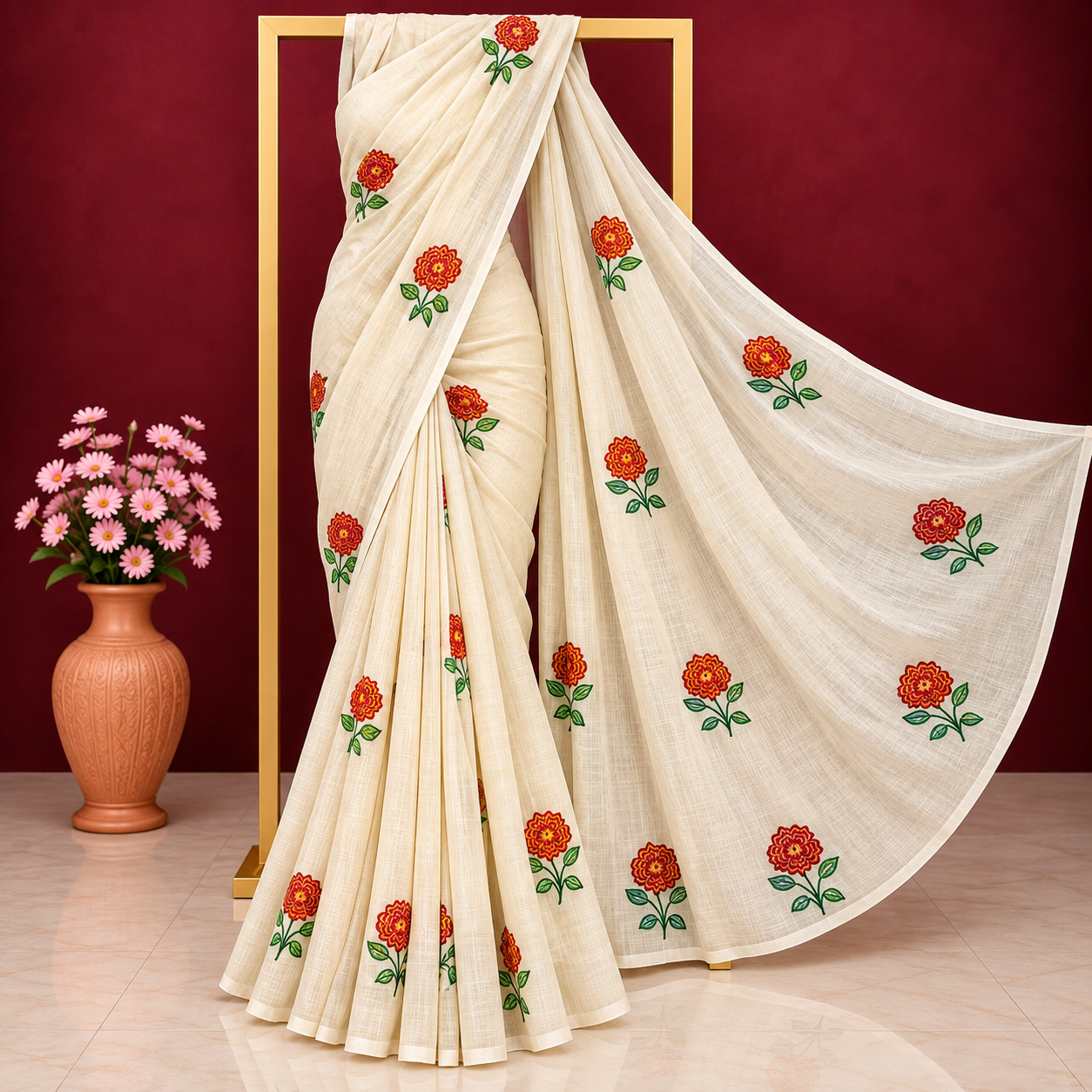 Exclusive off-white cotton saree with floral embroidery.