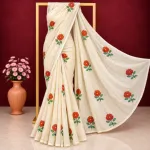 Off-White Cotton Saree with Red & Orange Floral Embroidery