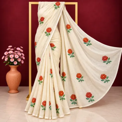 Off-White Cotton Saree with Red & Orange Floral Embroidery