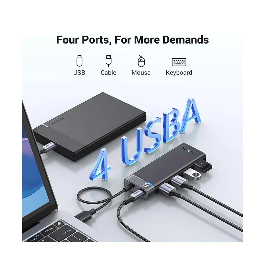 UGREEN CM653 15548 4 Port USB Hub with Type-C Power Port, Black