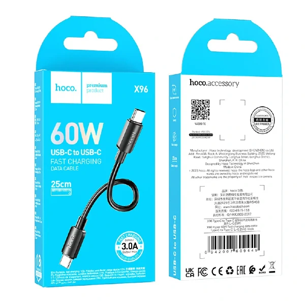 x96 Hyper 60W Fast Charging Data Cable Type C To Type C – Black Color