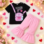 Fashion Girl Backpack Print T-Shirt & Ruffle Bell-Bottom Two-Piece Set
