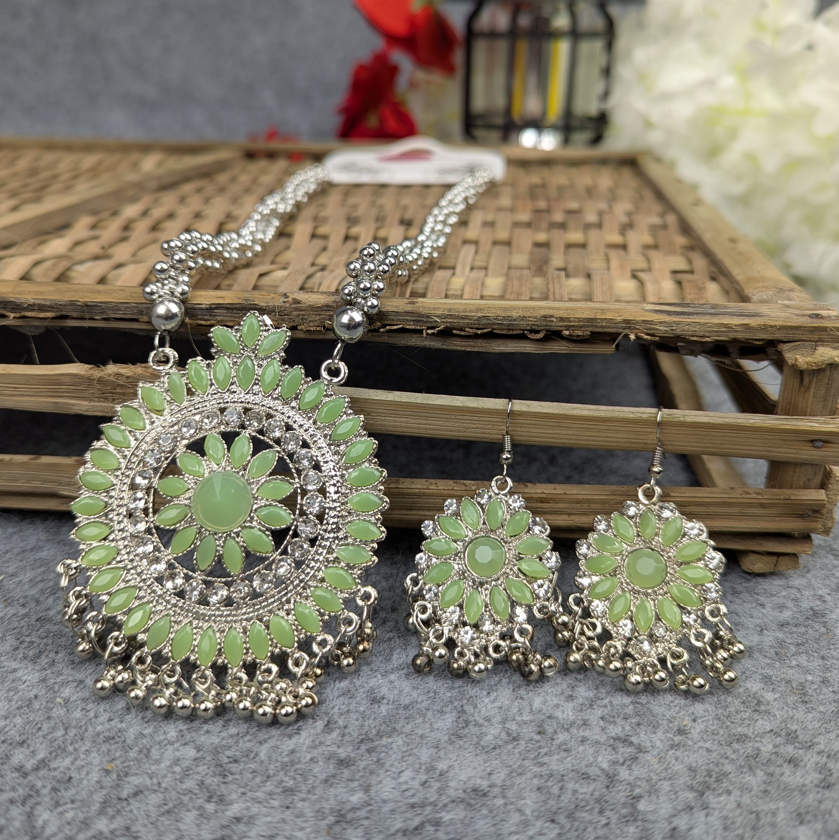 Antique Oxidized Necklace & Earrings Set – (Multiple Colors Available)