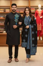 Hand Print Couple Dress, Voile Three Piece and Dhupian Silk Panjabi
