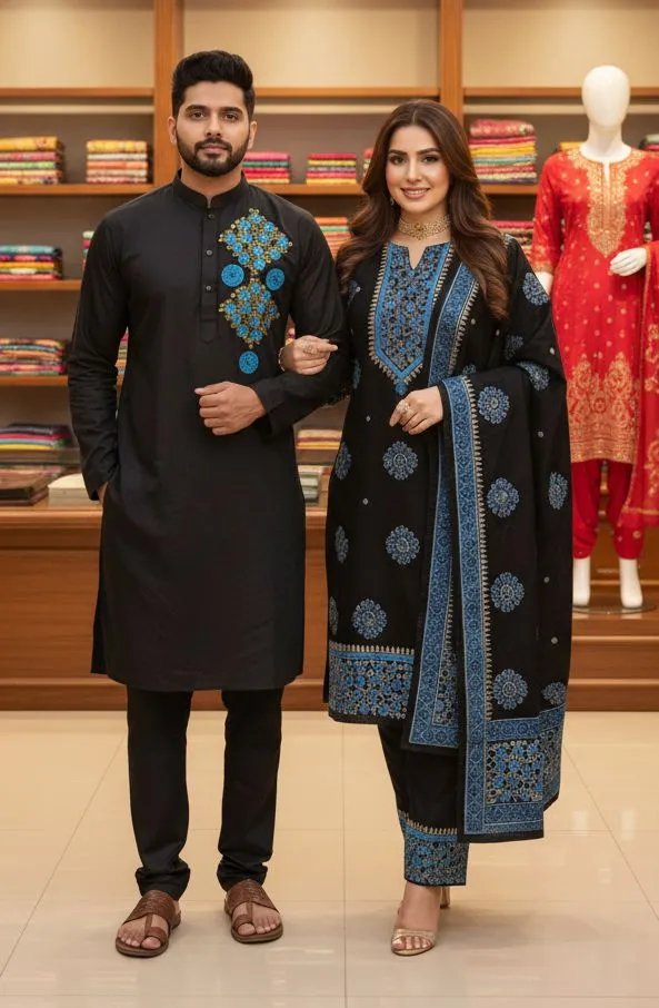 Hand Print Couple Dress, Voile Three Piece and Dhupian Silk Panjabi
