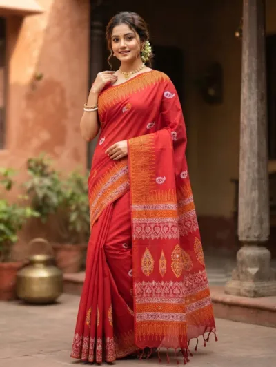 Khadi Cotton Block Print Saree with Tassel Anchal and Blouse Piece