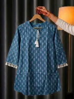 Women's TC Cotton Screen Print Short Kurti with Lace Sleeves