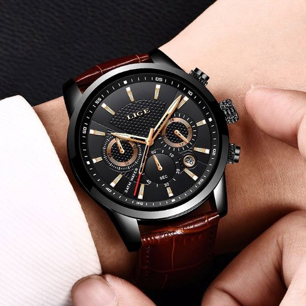 LIGE 9866 Men Fashion Sport Quartz Luxury Leather Waterproof Chronograph Watch