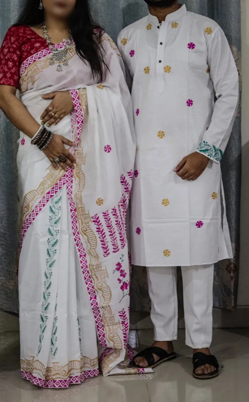 Matching Dhupian Silk Saree and Panjabi for Couples, 6 Colours