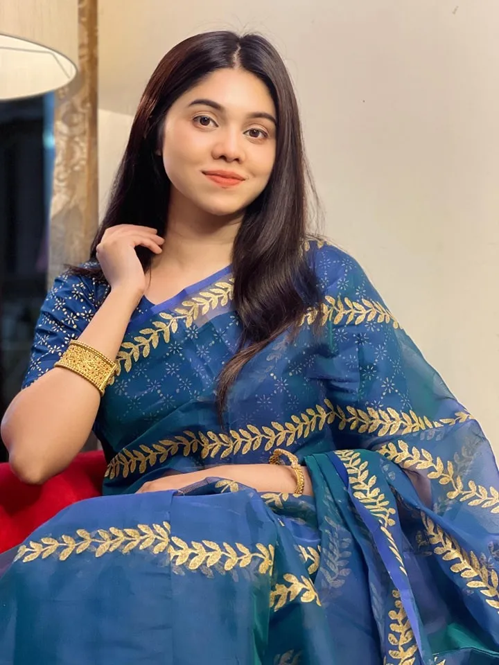Block Print Semi Muslin Saree with Tassel Anchal, 14 Haath