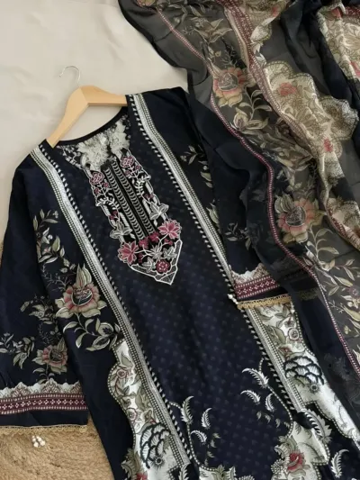 Women's Lace Work Digital Print Readymade Three Piece, 3 Colours