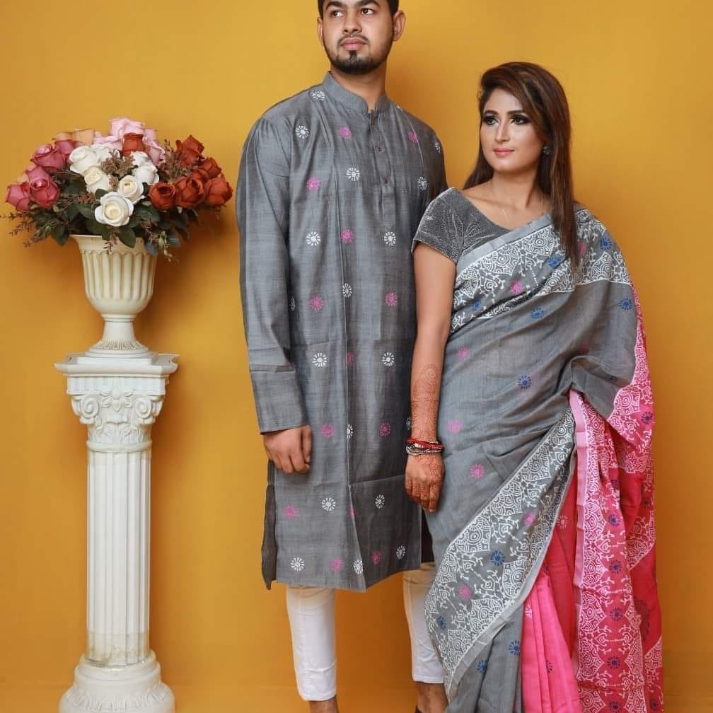 Block Print and Screen Print Saree Panjabi Set for Couples, 6 Colours
