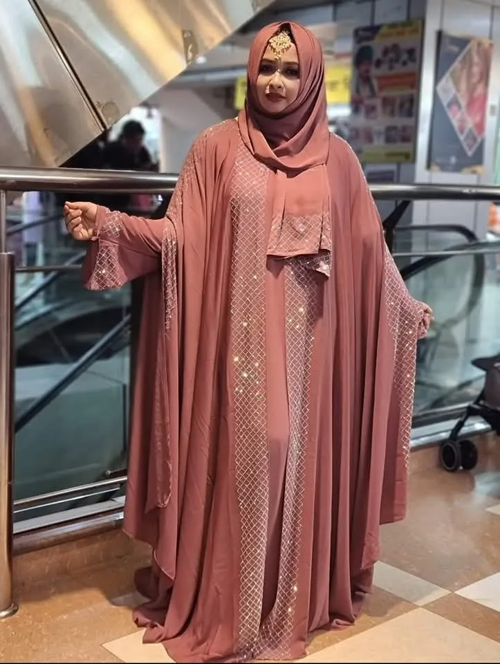 Women's Two-Part Cherry Abaya Set with Inner and Hijab, Size 54