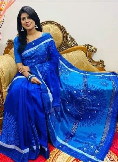 Dhupian Silk Saree with Block Print and Embroidery, 13 Haath