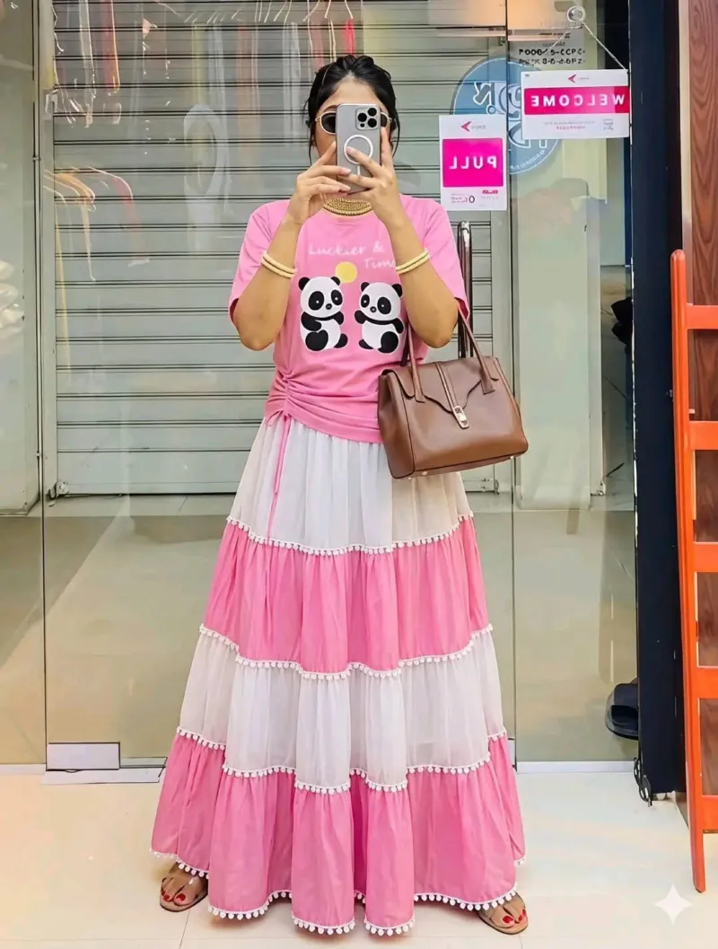 Women's Georgette Skirt and Pure Cotton T-Shirt Set, Free Size