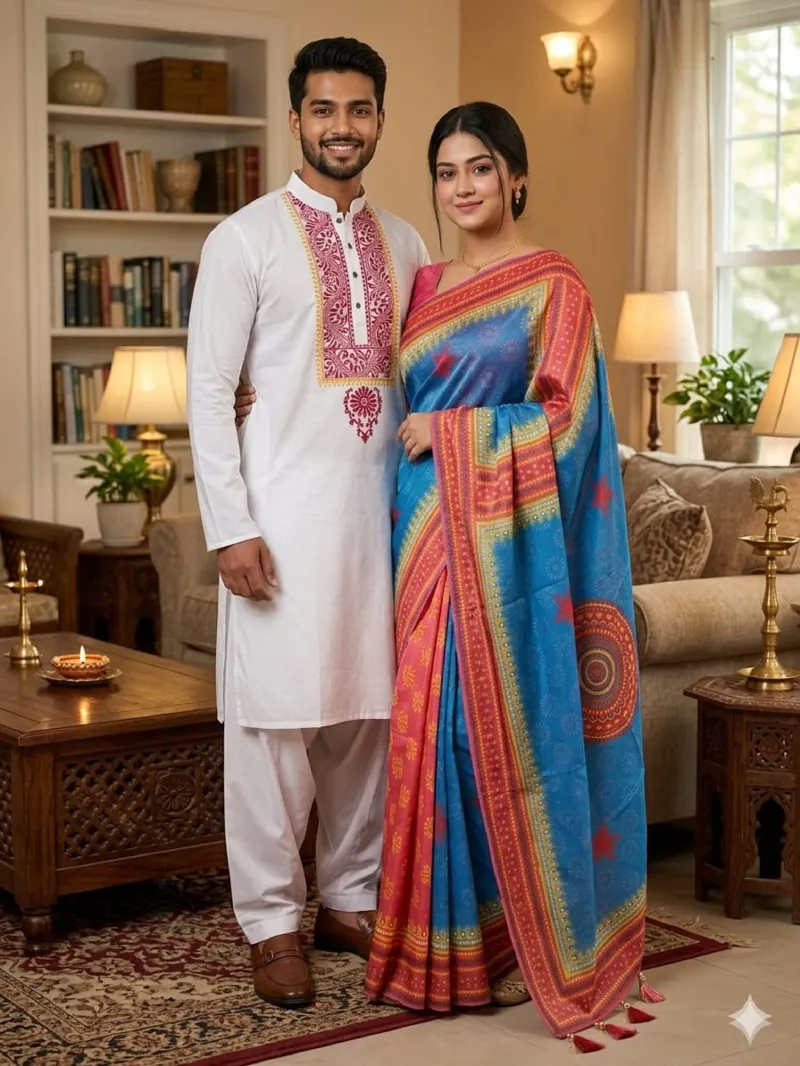 Boishakh Couple Saree and Panjabi Set, Half Cotton and Dhupian Silk