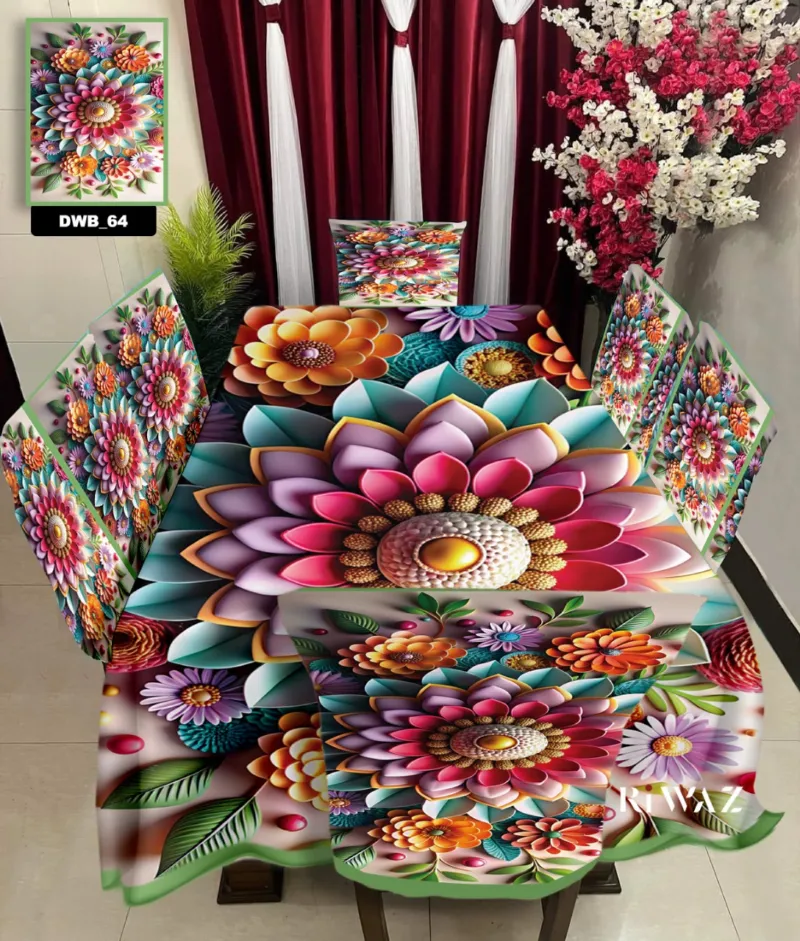 3D Print Velvet Dining Table Cover with 6 Chair Covers, 60 x 84 Inch