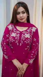 Women's Rayon Cotton Embroidered Three Piece with Stone Work Orna