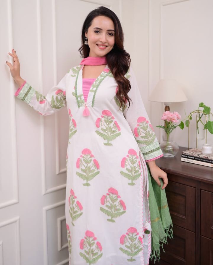Cotton Screen Print Three Piece with Lace Work, 3 Colours