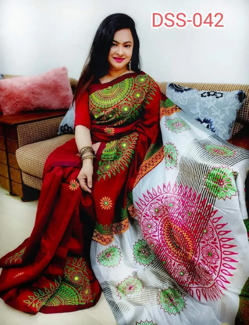 Hand Print Work Half Silk Saree, 12 Haath, 6 Colour Choices
