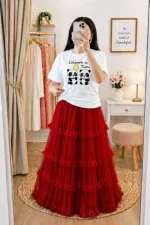 Pure Cotton T-Shirt and Soft Net Skirt Set, 200 Inch Flare