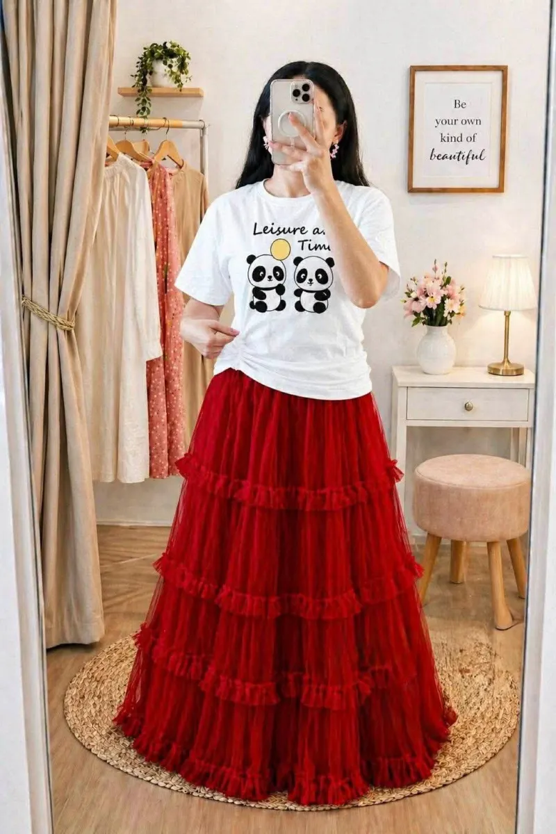 Pure Cotton T-Shirt and Soft Net Skirt Set, 200 Inch Flare