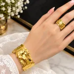 Golden Crumpled Texture Cuff Bracelet & Ring Set