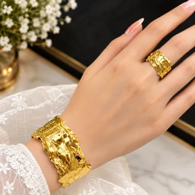Golden Crumpled Texture Cuff Bracelet & Ring Set