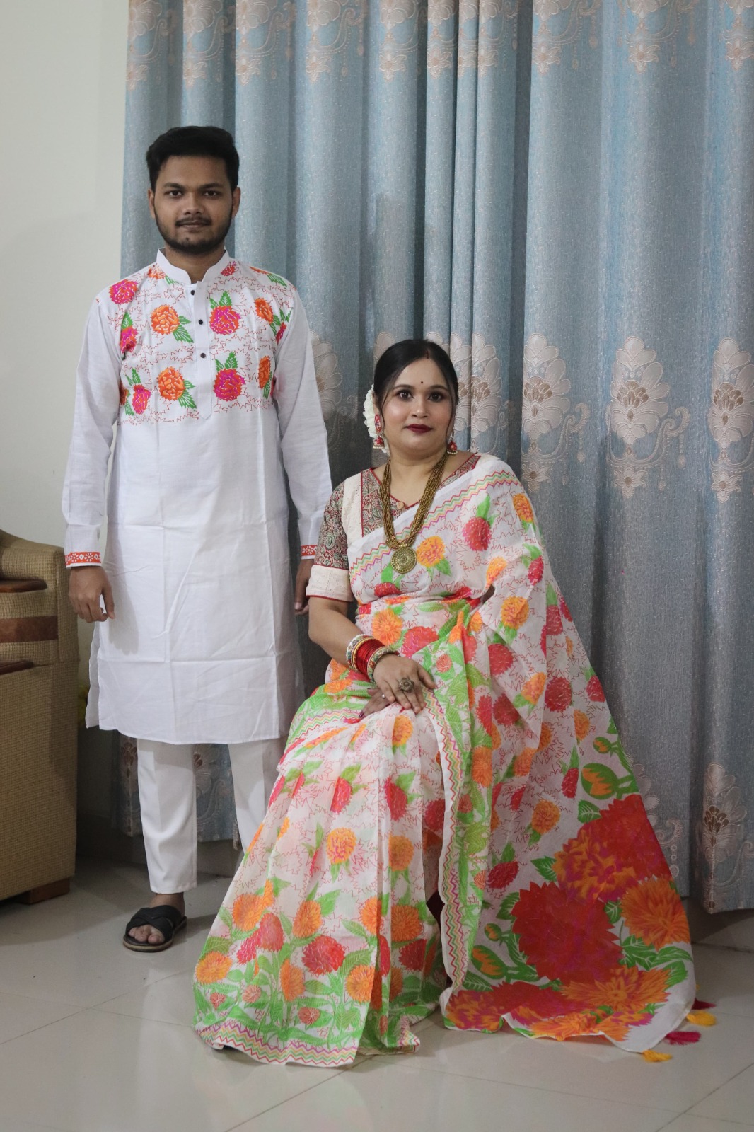Half Silk Saree and Slub Cotton Panjabi Couple Set, No Blouse