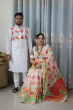 Couple Slub Cotton Panjabi and Half Silk Saree Set, 6 Colours