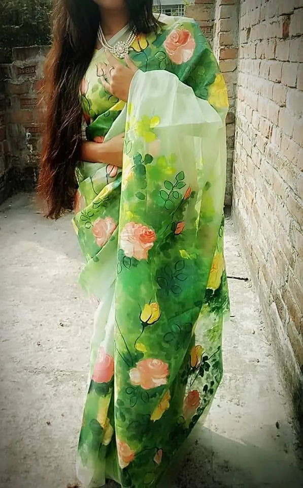 Women's Half Silk Saree with Hand Brush Paint Work