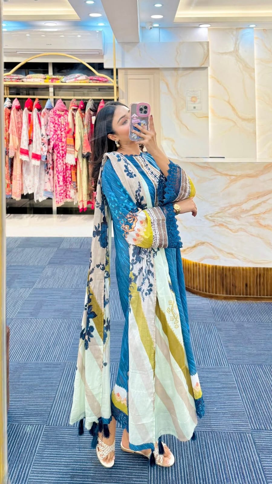 Women's Lace Trim Digital Print Kameez, Pant and Orna Set