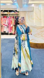 Women's Lace Trim Digital Print Kameez, Pant and Orna Set