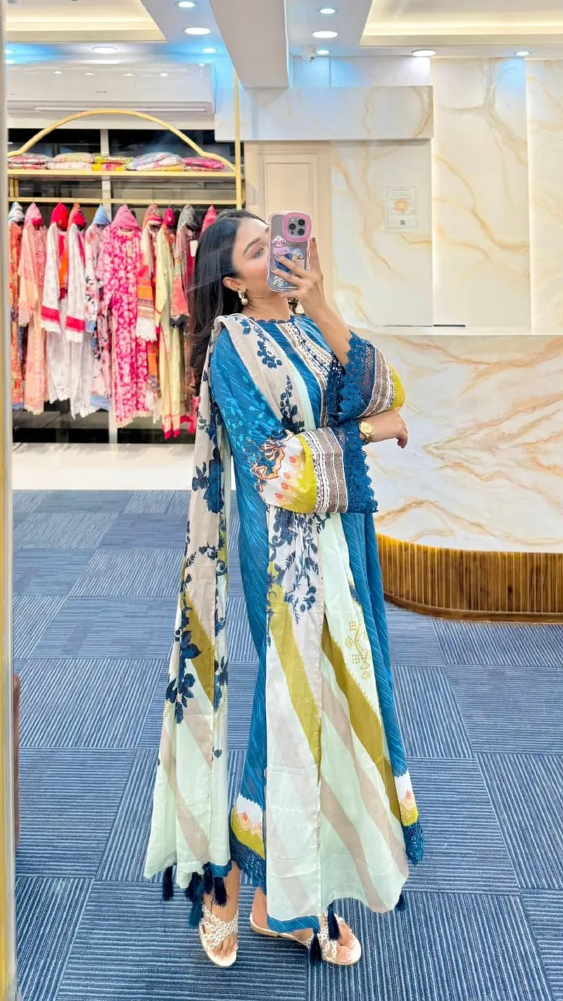 Digital Print Three Piece with Lace and 90 Inch Georgette Orna