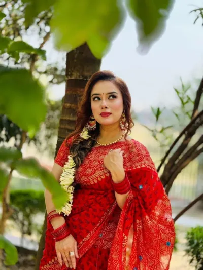 Block Print Semi Muslin Saree with Cotton Voile Blouse, 14 Haath